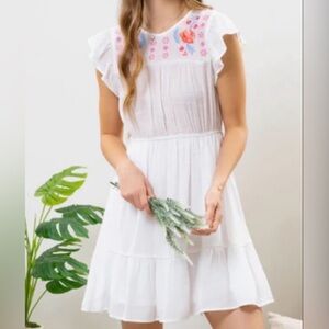 White Mini Dress - Floral Embroidery - Lightweight - Semi-Sheer - Tiered